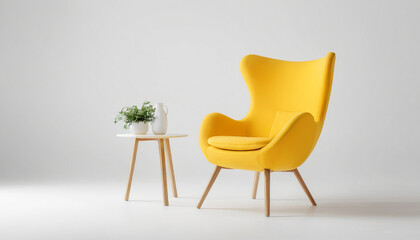 Yellow Wingback Chair with Side Table and Plants Against a White Wall