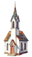 Obraz premium Hand-drawn watercolor illustration of a picturesque church building, isolated on a transparent background, perfect for religious or architectural projects