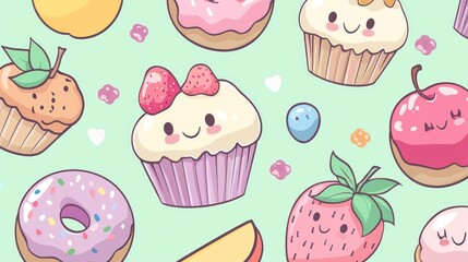 Adorable Cartoon Cupcakes Donuts and Fruits Pattern