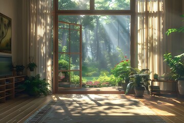 Photography of interior with forest theme concept in living room/dining area