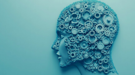 3D head profile made of gear on a blue background