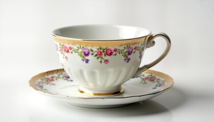 Elegant white porcelain teacup, saucer with intricate floral pattern, gold trim. High-quality chinaware. Classic design. Perfect for afternoon tea coffee. Vintage style. Romantic, delicate. Ideal for