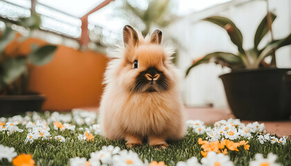 Adorable fluffy lionhead rabbit sitting amidst blooming daisies in a garden setting.  Perfect for spring or Easter themes.