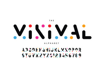 Modern colored font for logo on black background. Colorful letters with dots, flat cartoon style vector lowercase alphabet for creative logo, awesome monogram and lettering.
