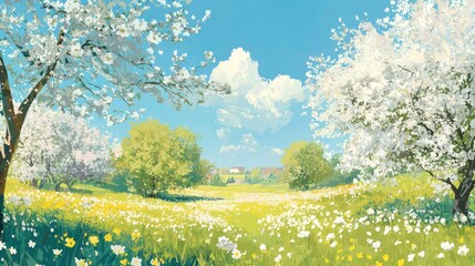 Fototapeta premium Springtime Blossoms and Flower Field Landscape