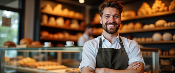 Friendly bakery owner smiles warmly. Small business entrepreneur stands proudly in shop. Many baked goods display. Warm, inviting atmosphere. Expert baker. Quality food products. Customer service