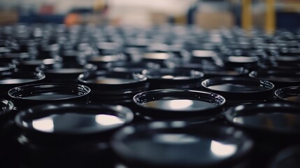 Obraz premium Oil barrels stacked in storage, symbolizing the global reliance on fossil fuels and the need for sustainable energy solutions.