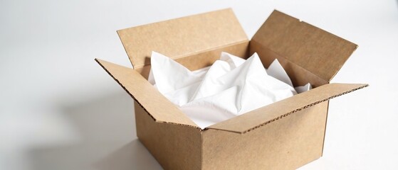 Open Cardboard Box, White Tissue Paper, Studio Photo, Minimalist, Product Photography