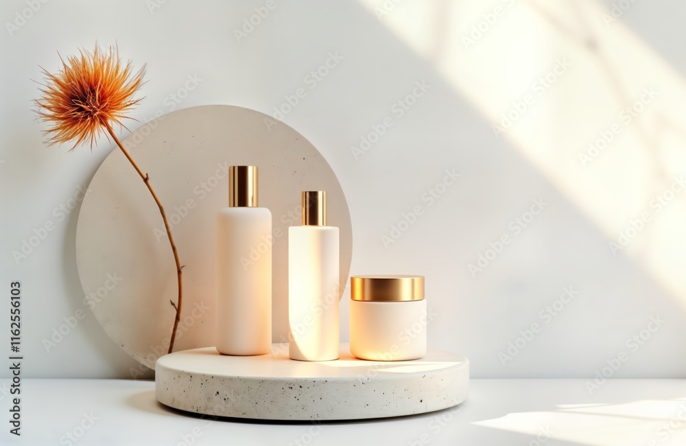 Poster minimalist cosmetic product display. cream colored bottles, jar on round concrete podium. trendy sun