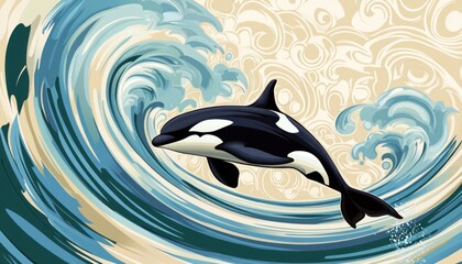 Obraz premium Killer whale swimming in ocean wave with decorative background
