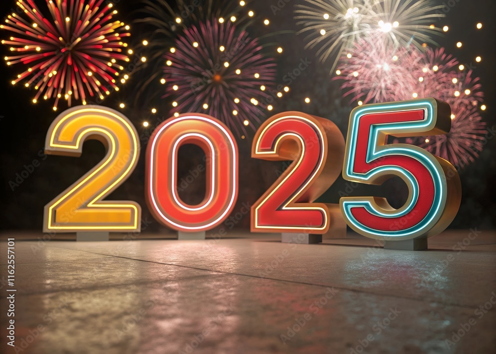 Fototapete happy new year with numbers 2025 with date on fireworks background and design template.