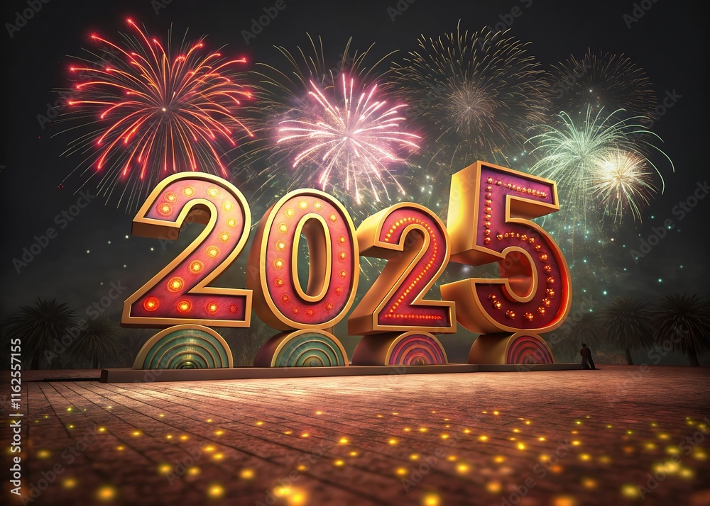Fototapete happy new year with numbers 2025 with date on fireworks background and design template.