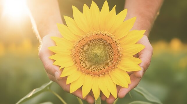 close-up of farmer inspecting sunflower their hands gently cradling bright yellow bloom sunlight highlighting details - Powered by Adobe