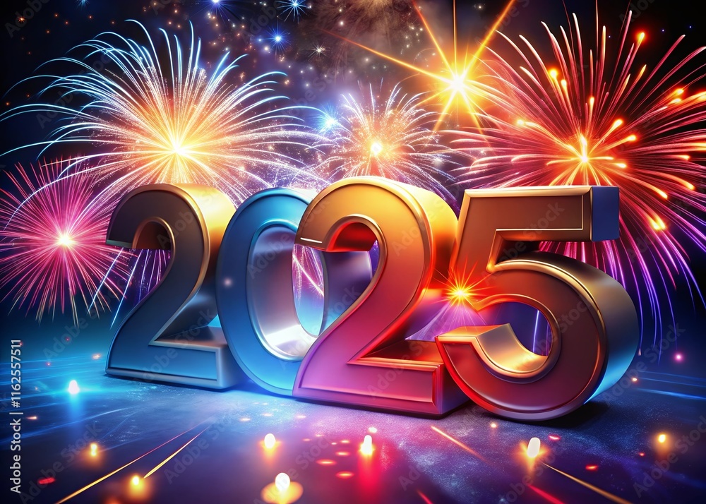 Fototapete Happy New year with numbers 2025 with date on fireworks background and design template.