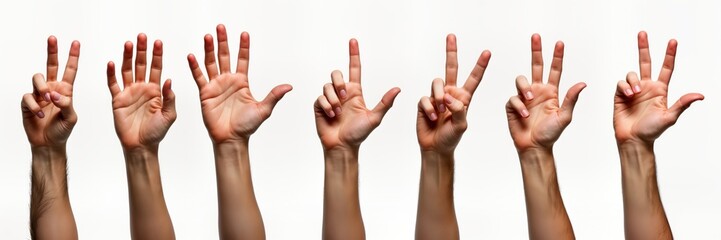 Male hands showing various gestures isolated on white background. Different hand positions illustrate counting communication. Set of diverse hand shapes for learning teaching. Man arm, skin, fingers,