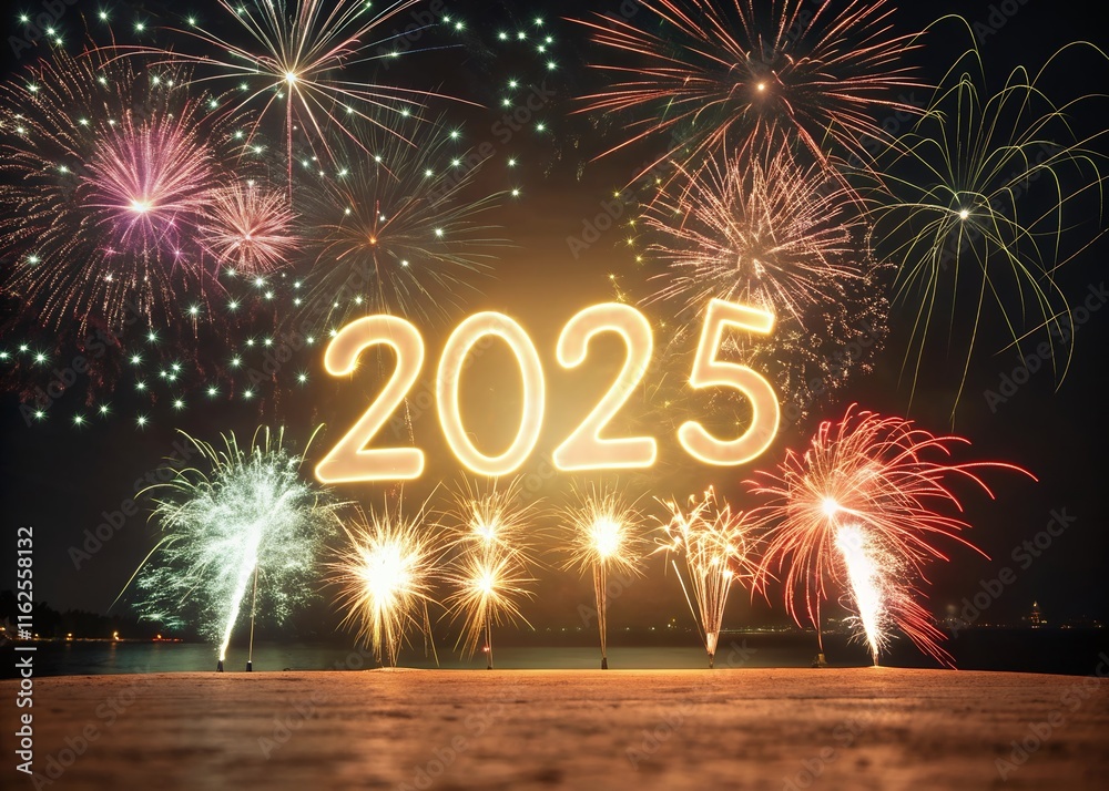 Fototapete happy new year with numbers 2025 with date on fireworks background and design template.