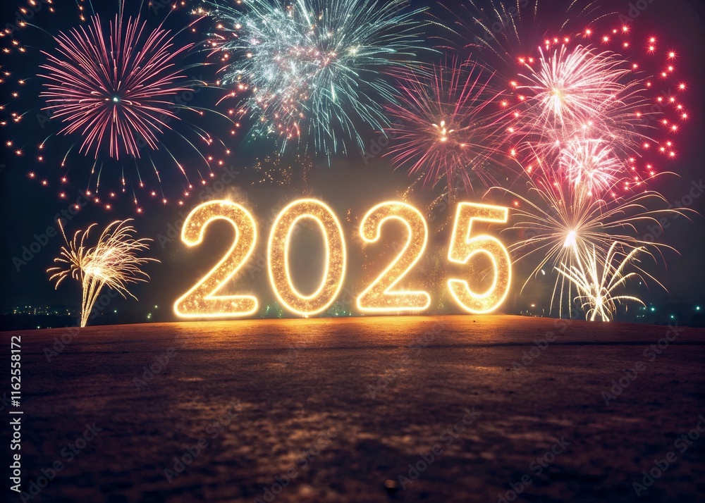 Fototapete happy new year with numbers 2025 with date on fireworks background and design template.