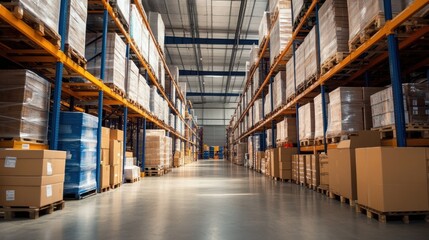 Fototapeta premium Vast Warehouse Interior: Rows of Pallets and Boxes
