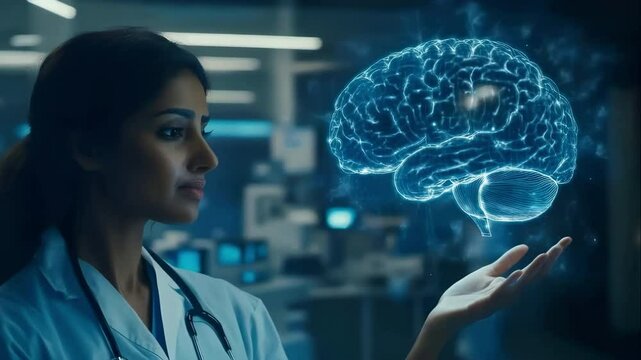 woman doctor is holding on one hand a large hologram of a big 3D model of the big brain