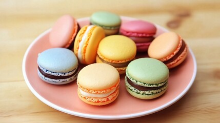 Obraz premium Colorful Macarons on Pink Plate Sweet Pastry Dessert