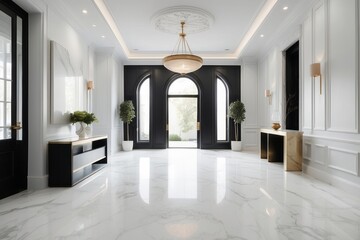 Minimal Frosty White Foyer Design With Marble Flooring