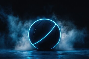 Fototapeta premium Neon Basketball with Glowing Outline Surrounded by Mist in Dark Environment