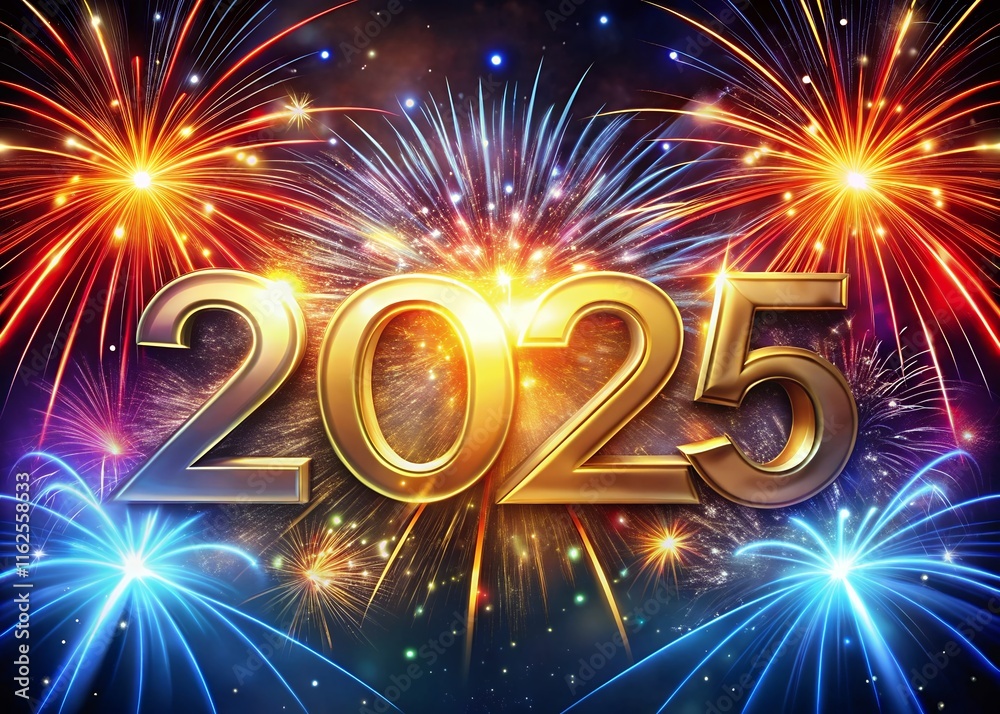 Fototapete happy new year with numbers 2025 with date on fireworks background and design template.