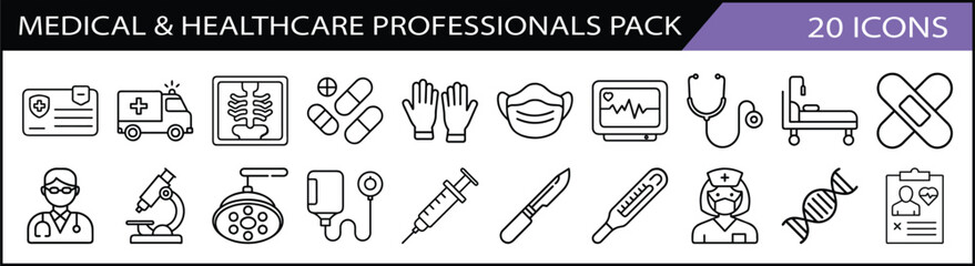 Medical and Healthcare Professionals Icon Pack - A set of 20 line icons for medical and healthcare professionals, including stethoscopes, syringes, pills, and hospital equipment.