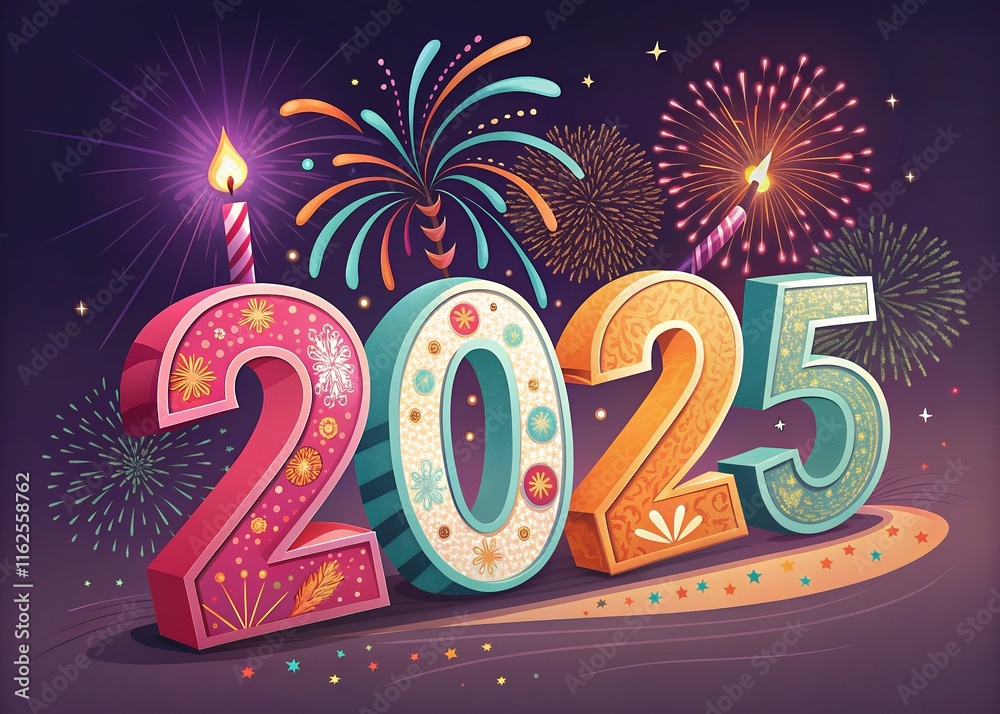 Fototapete happy new year with numbers 2025 with date on fireworks background and design template.