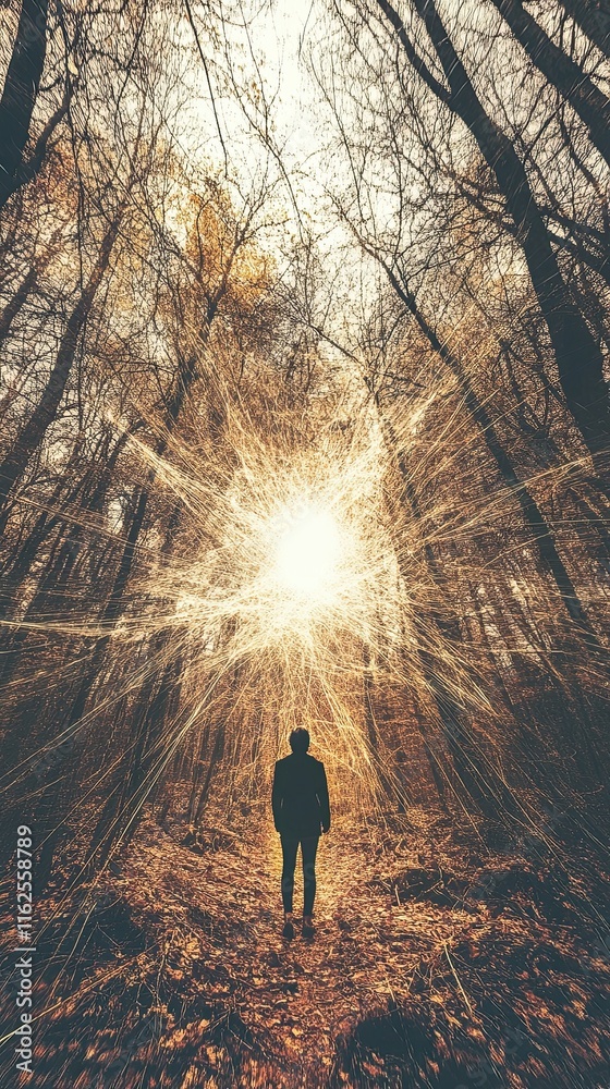 Poster journey through a closed universe reveals radiant light and enchanted forest paths at dusk