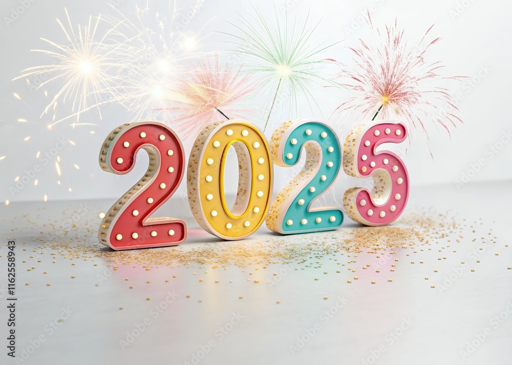 Fototapete happy new year with numbers 2025 with date on fireworks background and design template.