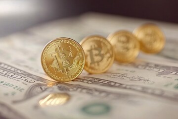Golden Bitcoin Coins on Dollar Bills with Soft Focus in Background