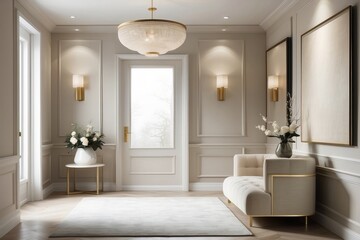 Minimal Glam Frosty Foyer Design With Beige Textured Wall