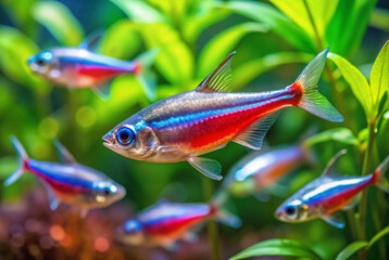 Fototapeta premium Neon tetras swimming in lush aquarium