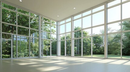 Spacious modern interior with large windows and natural light.