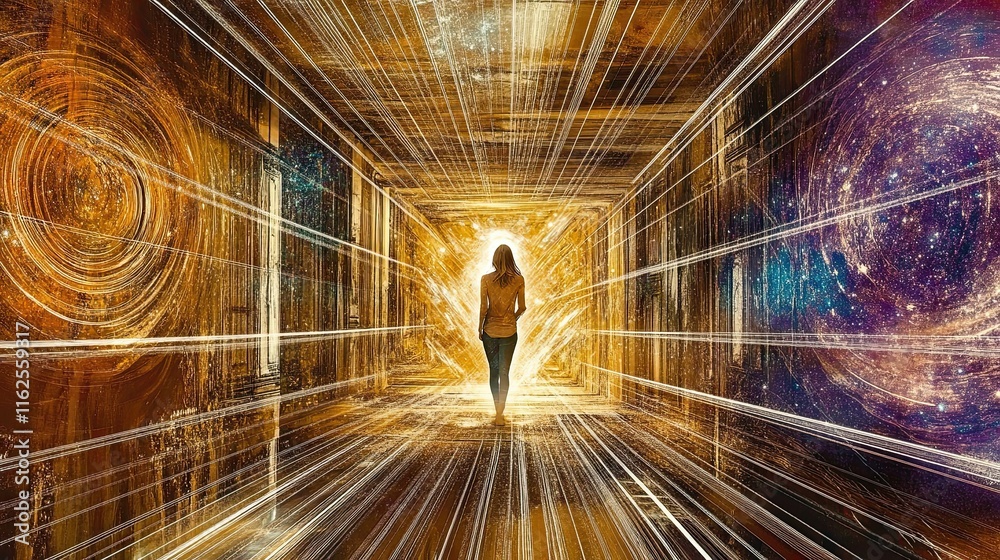 Poster exploring abstract dimensions through a shifting human figure in a surreal environment