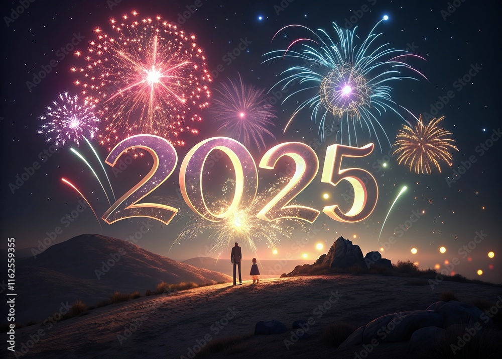 Fototapete happy new year with numbers 2025 with date on fireworks background and design template.