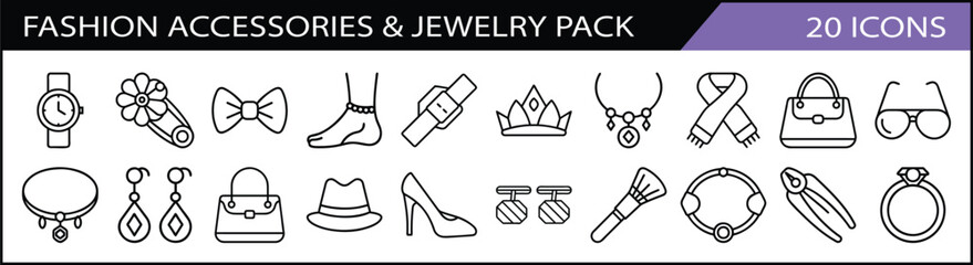 Fashion Accessories and Jewelry Icon Set - A pack of 20 icons showcasing fashion accessories and jewelry, including handbags, watches, necklaces, and stylish items for design use.