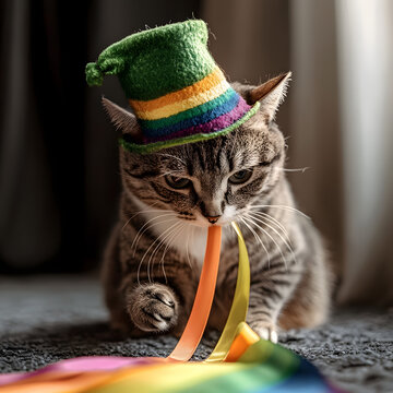 mischievious grey tabby cat wearing a tiney leprechaun hat chewing on a rainbow-colored ribbon