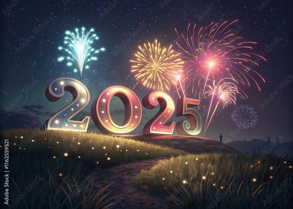 Fototapete Happy New year with numbers 2025 with date on fireworks background and design template.