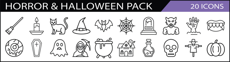 Horror and Halloween Icon Pack - A set of 20 spooky icons for horror and Halloween, featuring bats, pumpkins, ghosts, and haunted elements for seasonal designs.