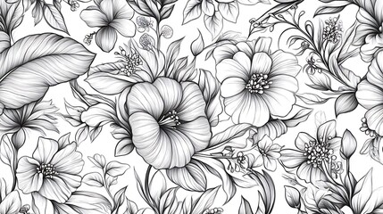 A natural floral vector pattern in seamless design, featuring soft organic lines and details over a clean white background. 