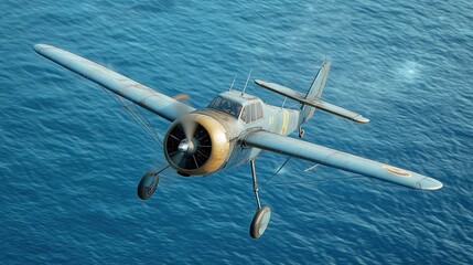 Fototapeta premium Flying Over the Vast Ocean, a Vintage Aircraft Soars Under the Wide Blue Sky