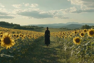 Fototapeta premium Woman Walks Through Sunflower Field Towards Distant Hills