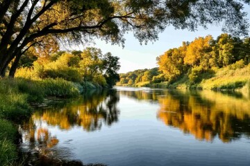 Obraz premium A peaceful view of the Mississippi River flowing along Iowa eastern border, with trees and a fishing boat in the distance