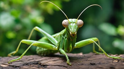 Close-Up of a Vibrant Green Praying Mantis in a Natural Environment.