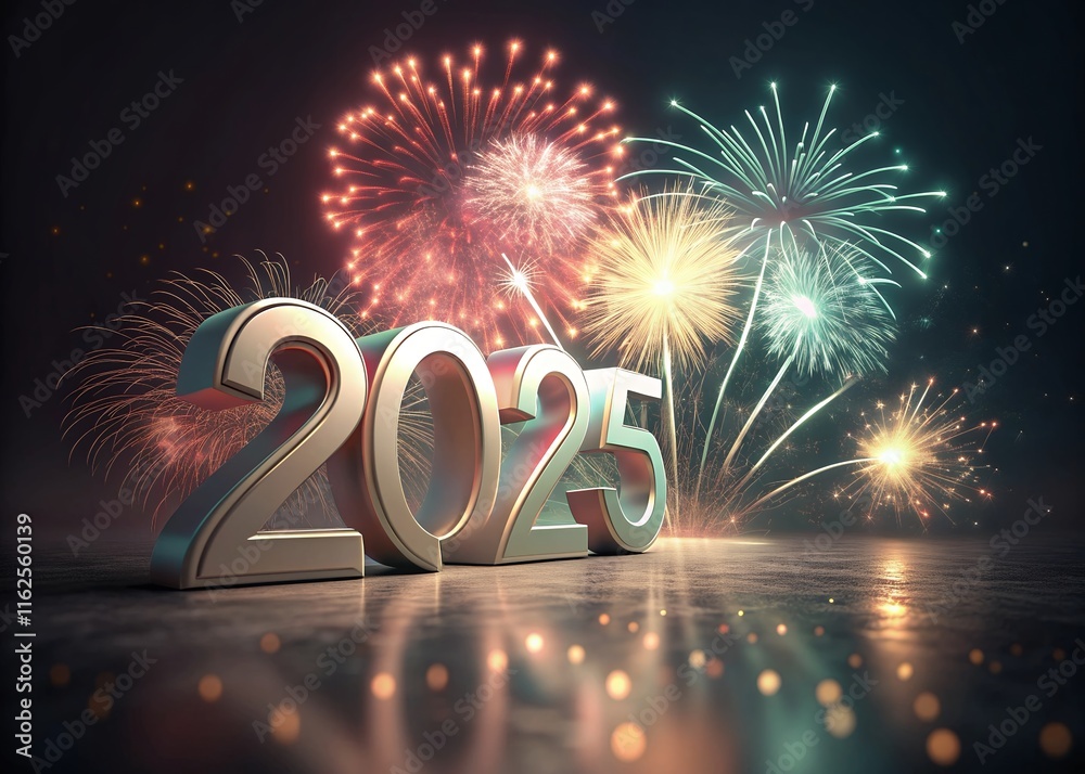 Fototapete Happy New year with numbers 2025 with date on fireworks background and design template.