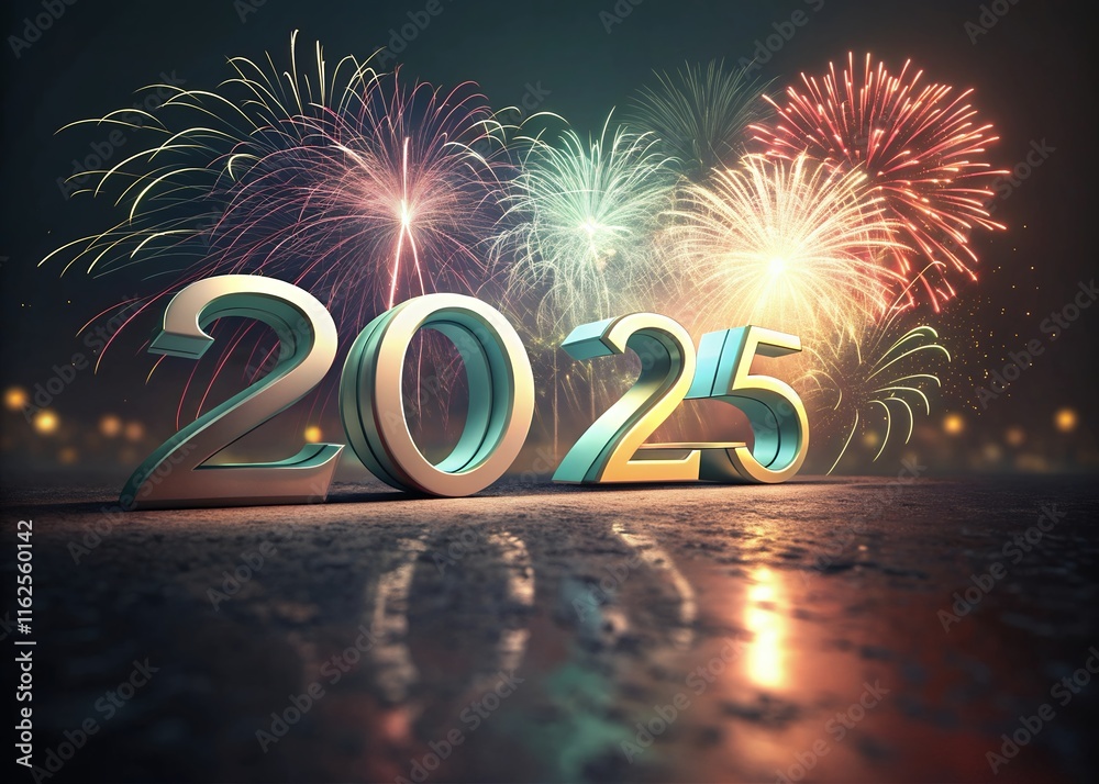 Fototapete happy new year with numbers 2025 with date on fireworks background and design template.