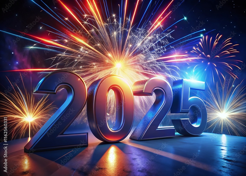 Fototapete Happy New year with numbers 2025 with date on fireworks background and design template.