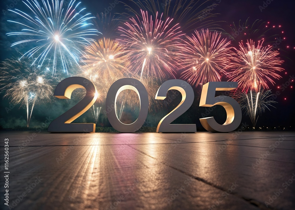 Fototapete happy new year with numbers 2025 with date on fireworks background and design template.
